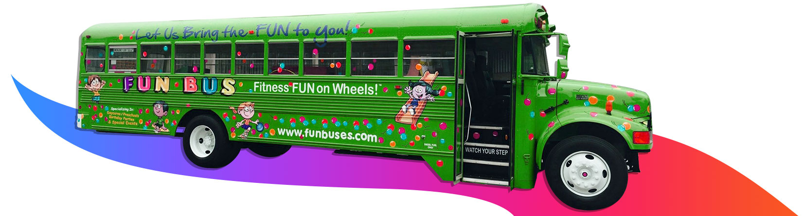 Cropped Green FUN BUS for kids birthday party rentals 