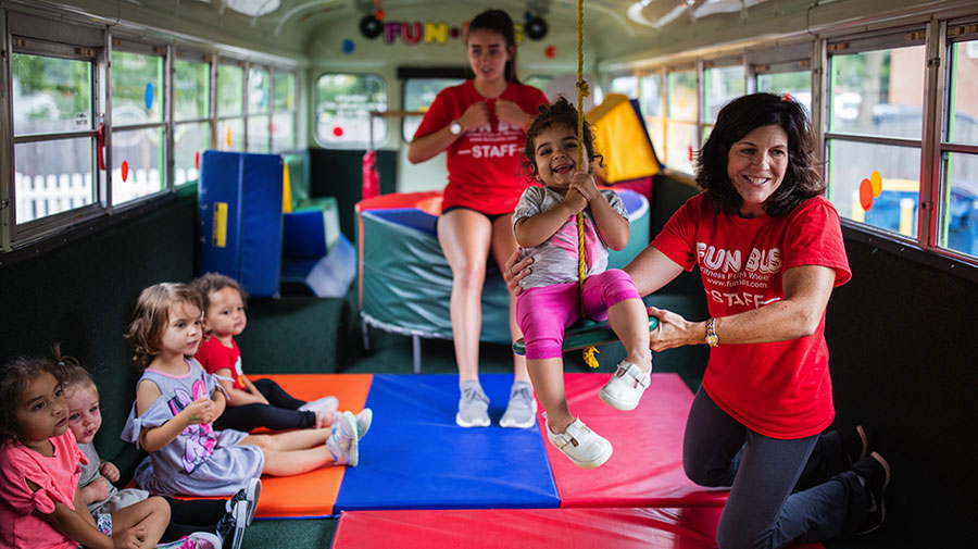 staff on kids party bus Brockton